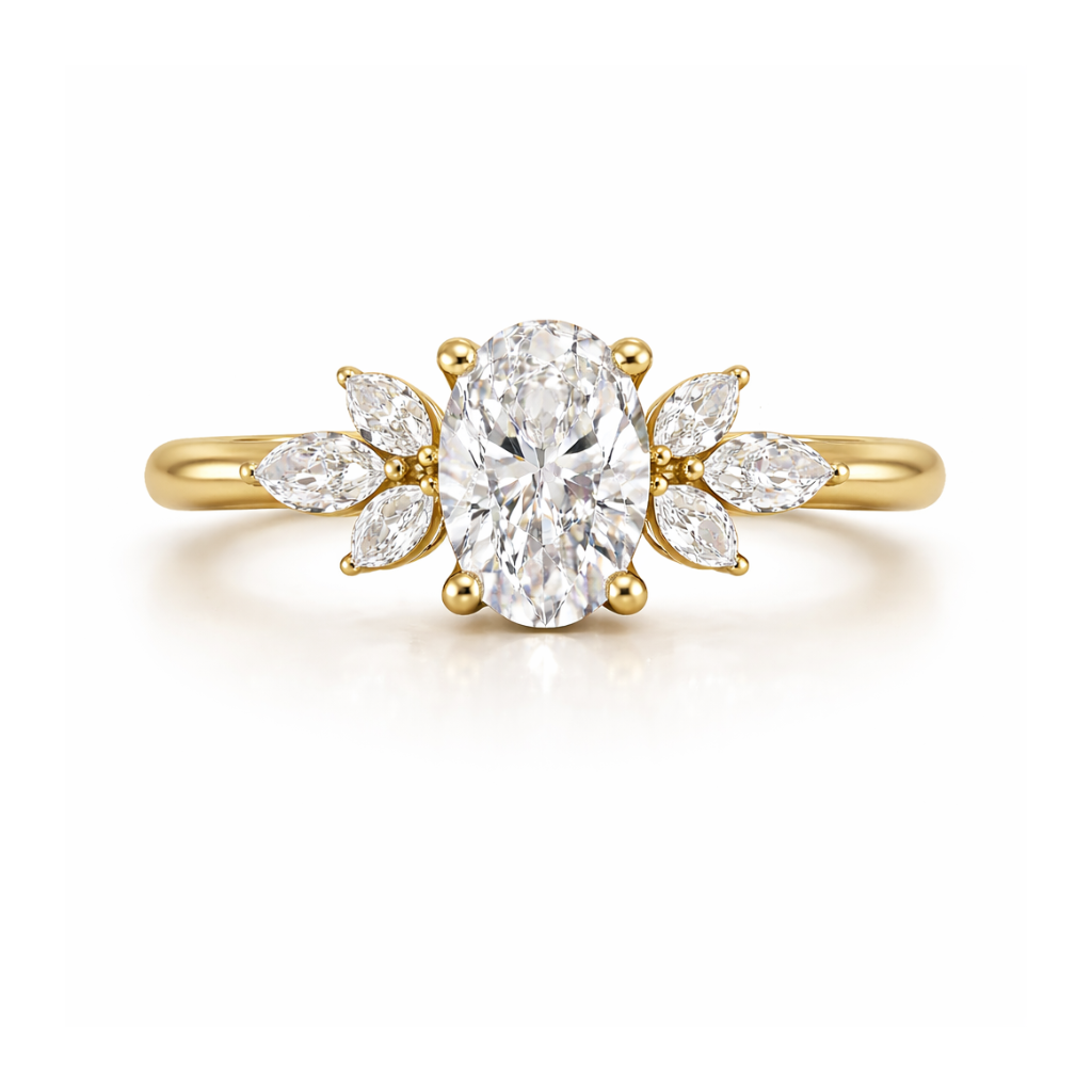 Gold ring with a large diamond and smaller diamonds on the sides against a white background